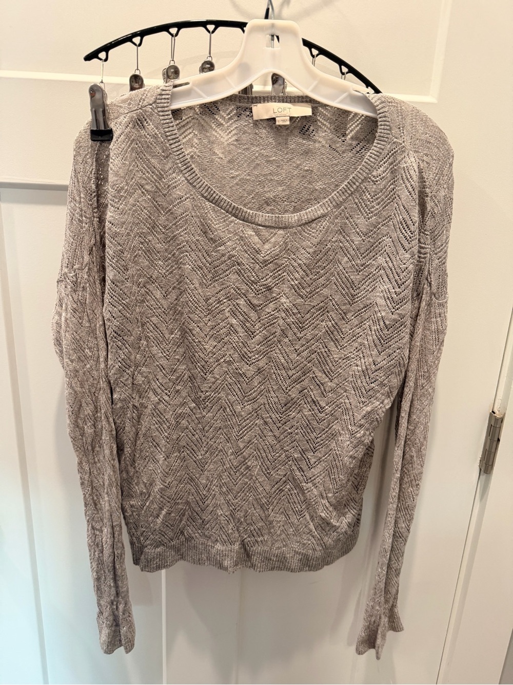 LOFT Linen Sweater Large Gray Open Knit Chevron Lightweight Pullover